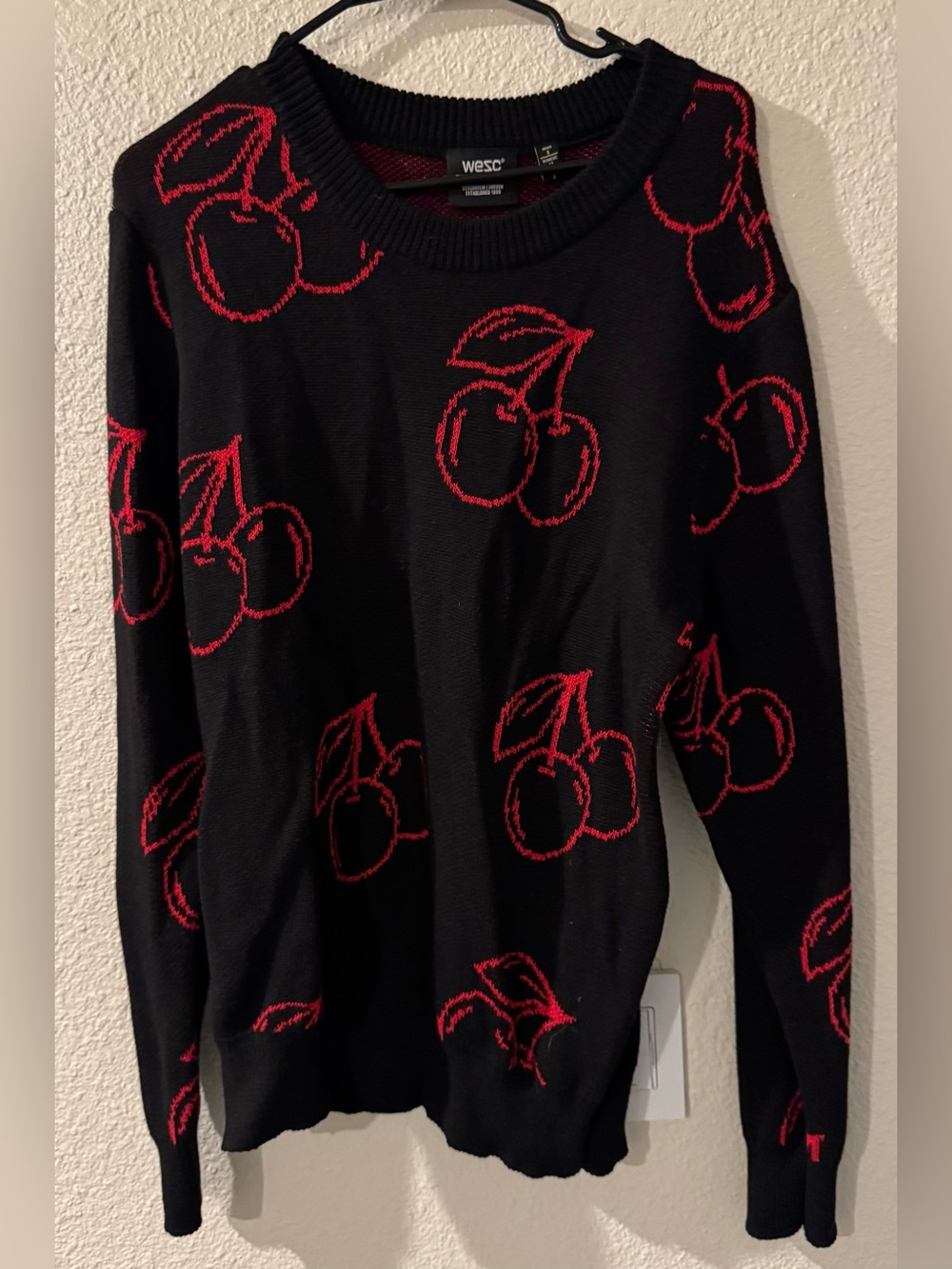 Black Crewneck Sweater with Red Cherry Motif